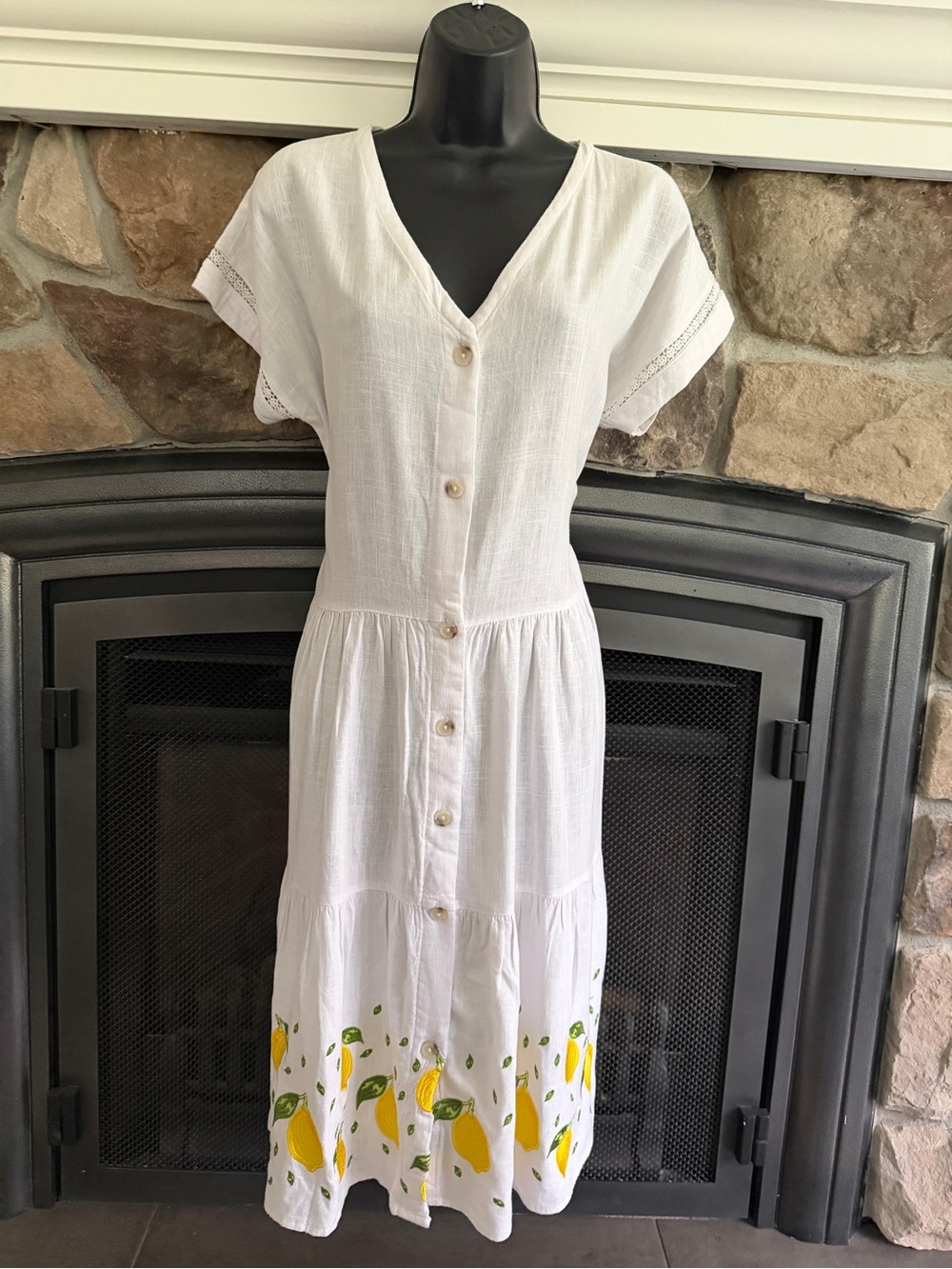 next White Button-Front Maxi Dress with Yellow Lemon Hem